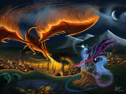 Size: 6000x4500 | Tagged: safe, artist:duskie-06, princess luna, alicorn, dragon, pony, g4, absurd resolution, female, fire, fire breath, lightsaber, mare, night, star wars, weapon