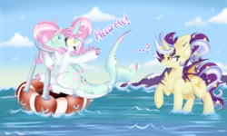 Size: 1023x614 | Tagged: safe, artist:pvrii, oc, oc only, oc:aquatic threshold, oc:nocturna drift, bat pony, original species, shark pony, buoy, water