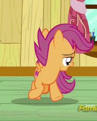 Size: 344x430 | Tagged: safe, screencap, scootaloo, pegasus, pony, g4, on your marks, animated, behaving like a dog, chasing own tail, clubhouse, crusaders clubhouse, cute, cutealoo, cutie mark, cutie mark adoration, discovery family, discovery family logo, female, filly, foal, lidded eyes, logo, silly, spinning, spread wings, the cmc's cutie marks, wings