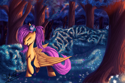 Size: 3000x2000 | Tagged: safe, artist:xskytheartist, fluttershy, g4, alternate hairstyle, crepuscular rays, eyes closed, female, forest, headphones, high res, ponytail, singing, solo, spread wings