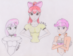 Size: 1926x1474 | Tagged: safe, artist:marta4708, apple bloom, scootaloo, sweetie belle, human, g4, cutie mark crusaders, humanized, traditional art