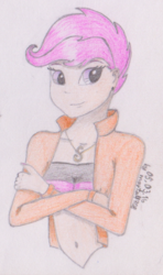 Size: 614x1035 | Tagged: safe, artist:marta4708, scootaloo, human, g4, bra, clothes, female, humanized, jacket, older, solo, traditional art, underwear