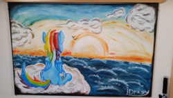 Size: 3264x1836 | Tagged: safe, artist:idragy, rainbow dash, pony, g4, cloud, irl, ocean, painting, photo, solo, sunset