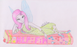 Size: 2007x1231 | Tagged: safe, artist:marta4708, fluttershy, fairy, g4, book, female, solo, species swap, title drop, traditional art