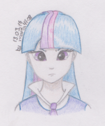 Size: 660x792 | Tagged: safe, artist:marta4708, twilight sparkle, human, g4, female, humanized, solo, traditional art, unamused