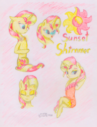 Size: 1485x1932 | Tagged: safe, artist:marta4708, sunset shimmer, butterfly, pony, unicorn, g4, clothes, dress, female, solo, traditional art