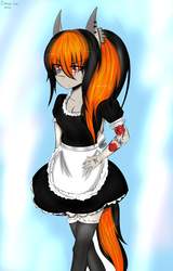 Size: 1836x2864 | Tagged: safe, artist:cannoncar, oc, oc only, oc:cannon car, anthro, clothes, dress, earring, french maid, maid, mark of the outsider, piercing, solo, stockings, tattoo