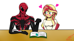 Size: 2048x1152 | Tagged: safe, artist:senketsushimmer, sunset shimmer, equestria girls, g4, blushing, book, crossover, doctor octopus, heart, male, spider-man, superior spider-man