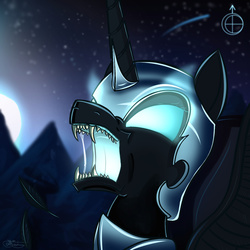 Size: 1200x1200 | Tagged: safe, artist:swordflash4, nightmare moon, g4, bust, drool, feather, female, glowing eyes, growling, macroschism, moon, open mouth, portrait, solo, stars