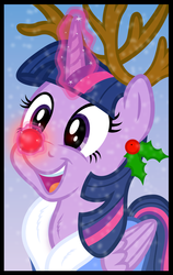 Size: 3500x5532 | Tagged: safe, artist:djdavid98, artist:pirill, twilight sparkle, alicorn, deer, pony, reindeer, g4, absurd resolution, antlers, border, clothes, female, holly, magic, mare, open mouth, rudolph the red nosed reindeer, simple background, snow, snowfall, solo, twilight sparkle (alicorn), vector, winter