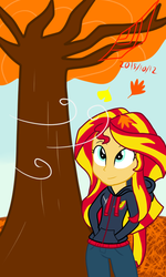 Size: 480x800 | Tagged: safe, artist:senketsushimmer, sunset shimmer, equestria girls, g4, autumn, clothes, female, hoodie, leaf, solo, tree