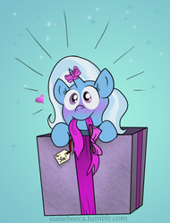 Size: 918x1206 | Tagged: safe, artist:susiebeeca, trixie, pony, g4, blushing, bow, box, bronybait, cute, diatrixes, female, heart, horn, horn bow, pony in a box, present, solo