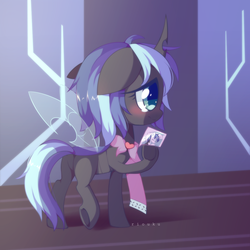 Size: 1024x1024 | Tagged: safe, artist:riouku, shining armor, oc, oc only, changeling, changepony, hybrid, g4, blue changeling, blushing, crying, cuteling, featureless crotch, female, floppy ears, mare, offspring, parent:queen chrysalis, parent:shining armor, parents:shining chrysalis, photo, solo, underhoof