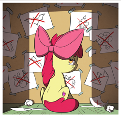 Size: 1350x1300 | Tagged: safe, artist:php104, apple bloom, earth pony, pony, g4, on your marks, apple bloom's bow, batman logo, bow, clubhouse, crusaders clubhouse, female, hair bow, scene interpretation, scowl, sitting, snapple bloom, solo, the cmc's cutie marks