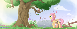 Size: 2484x945 | Tagged: safe, artist:bugplayer, fluttershy, butterfly, pegasus, pony, squirrel, g4, animal, basket, commission, crepuscular rays, female, flower, looking up, mare, open mouth, pond, raised hoof, rock, scenery, solo, tree, wind