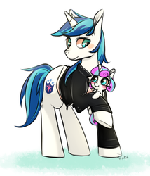 Size: 513x600 | Tagged: safe, artist:phyllismi, princess flurry heart, shining armor, g4, clothes, father and daughter, jacket