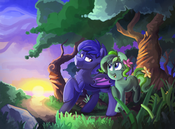 Size: 1600x1175 | Tagged: safe, oc, oc only, oc:ivy, oc:midnight watch, bat pony, plant pony, pony, flower, flower in hair, forest, sunset, twilight (astronomy)