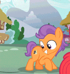 Size: 355x377 | Tagged: safe, screencap, apple bloom, sassaflash, sea swirl, seafoam, tender taps, earth pony, pony, unicorn, g4, on your marks, animated, ass up, background characters doing background things, colt, look at my butt, male, offscreen character, out of context