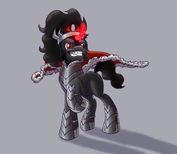 Size: 1024x890 | Tagged: safe, artist:witchtaunter, king sombra, pony, g4, armor, cape, clothes, crown, grin, jewelry, male, pose, raised hoof, regalia, solo