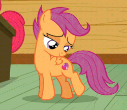 Size: 452x392 | Tagged: safe, screencap, apple bloom, scootaloo, pony, g4, on your marks, admiration, animated, chasing own tail, cute, cutealoo, cutie mark, cutie mark adoration, eyes on the prize, female, lidded eyes, looking at butt, pose, raised hoof, raised leg, smiling, solo focus, the cmc's cutie marks
