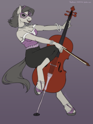 Size: 1498x2000 | Tagged: safe, artist:phathusa, artist:sirhcx, edit, octavia melody, earth pony, anthro, unguligrade anthro, g4, breasts, busty octavia melody, cello, cleavage, clothes, colored, costume, female, jewelry, musical instrument, nightmare night, pinup, rocktavia, shoes, solo, the huntress