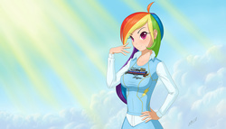 Size: 1945x1111 | Tagged: safe, artist:zigword, rainbow dash, human, g4, breasts, busty rainbow dash, clothes, cloud, cloudy, female, humanized, long hair, russian, sky, smiling, solo