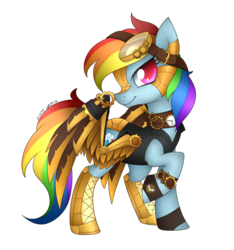 Size: 2389x2547 | Tagged: safe, artist:scarlet-spectrum, rainbow dash, g4, amputee, augmented, badass, clothes, epic, female, goggles, high res, prosthetic limb, prosthetic wing, prosthetics, raised hoof, signature, simple background, solo, steampunk, transparent background, wonderbolts logo