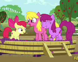 Size: 440x352 | Tagged: safe, screencap, apple bloom, berry punch, berryshine, cherry berry, earth pony, pony, g4, on your marks, animated, cute, discovery family logo, eyes closed, female, food, grapes, grin, happy, loop, open mouth, party hard, raised hoof, raised leg, smiling, stomping, the cmc's cutie marks, trio, trio female, tub
