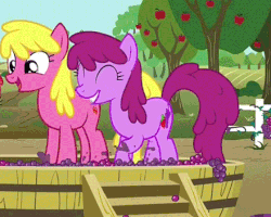 Size: 440x352 | Tagged: safe, screencap, berry punch, berryshine, cherry berry, earth pony, pony, g4, on your marks, animated, berrybetes, cherrybetes, cropped, cute, cutie mark, duo, eyes closed, female, food, grape stomping, grapes, happy, mare, offscreen character, open mouth, raised hoof, raised leg, smiling, stomping, tub, vinyard