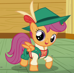 Size: 917x913 | Tagged: safe, screencap, scootaloo, pegasus, pony, g4, on your marks, clothes, clubhouse, crusaders clubhouse, female, filly, foal, hat, lederhosen, open mouth, raised hoof, solo, yodeloo