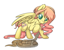 Size: 2956x2279 | Tagged: safe, artist:fluffyxai, fluttershy, oc, oc:cookie coils, pony, snake, g4, chest fluff, header, high res, raised leg, simple background, solo, transparent background