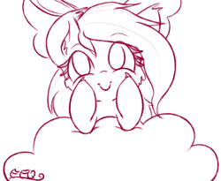 Size: 1100x900 | Tagged: safe, artist:freefraq, flitter, pegasus, pony, g4, bow, cloud, cute, doodle, ear fluff, female, hair bow, hoof on cheek, looking at you, lying down, lying on a cloud, mare, monochrome, on a cloud, prone, smiling