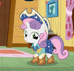 Size: 510x486 | Tagged: safe, screencap, sweetie belle, pony, g4, on your marks, animated, boots, cow belle, cowboy boots, cowboy hat, cute, dancing, diasweetes, female, hat, shoes, wink