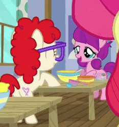 Size: 429x461 | Tagged: safe, screencap, apple bloom, lily longsocks, twist, earth pony, pony, g4, on your marks, adorasocks, animated, apple bloom's bow, baking, bowl, curtains, cute, female, filly, foal, food, friends, glasses, grin, lemon, lilydorable, measuring cup, measuring spoon, pigtails, scrunchie, spoon, twistabetes, window
