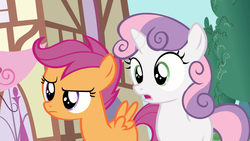 Size: 1366x768 | Tagged: safe, screencap, scootaloo, sweetie belle, g4, the cutie pox, raised eyebrow