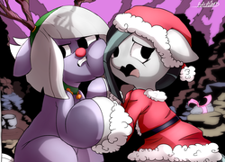 Size: 2679x1933 | Tagged: safe, artist:tofutiles, limestone pie, marble pie, g4, bell, bell collar, cheek squish, clothes, collar, floppy ears, hat, jingle bells, present, red nose, reindeer antlers, santa costume, santa hat, stone
