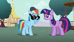 Size: 1366x768 | Tagged: safe, screencap, rainbow dash, twilight sparkle, pegasus, pony, unicorn, g4, may the best pet win, my little pony: friendship is magic, backwards ballcap, baseball cap, duo, female, hat, mare, sunglasses, unicorn twilight