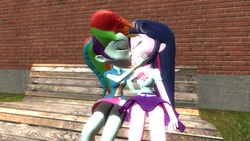 Size: 1360x768 | Tagged: safe, artist:mk513, rainbow dash, twilight sparkle, equestria girls, g4, 3d, bench, boyshorts, clothes, female, gmod, kissing, lesbian, panties, purple underwear, ship:twidash, shipping, skirt, twilight sparkle (alicorn), underwear, upskirt