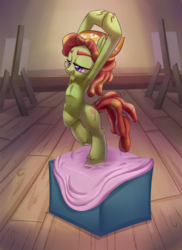 Size: 2911x4000 | Tagged: safe, artist:discorded, tree hugger, earth pony, pony, g4, on your marks, armpits, art class, artistic nudity, bandana, belly button, bipedal, box, easel, female, high res, modeling, nude model, pedestal, pose, scene interpretation, solo, we don't normally wear clothes