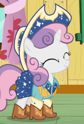 Size: 350x514 | Tagged: safe, screencap, sweetie belle, pony, g4, on your marks, animated, boots, clothes, cow belle, cowboy boots, cowboy hat, cute, diasweetes, female, hat, shoes, solo