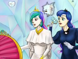 Size: 2000x1500 | Tagged: safe, artist:virtue147, princess celestia, princess luna, human, g4, the crystalling, auntie luna, auntlestia, clothes, hole, humanized, implied flurry heart, rattle