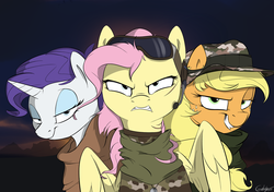 Size: 1024x719 | Tagged: safe, artist:rutkotka, applejack, fluttershy, rarity, earth pony, pegasus, pony, unicorn, g4, alternate timeline, camouflage, crystal war timeline, female, flutterbadass, goggles, grin, gritted teeth, mare, trio