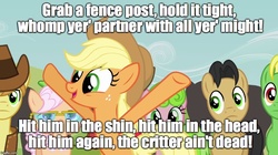 Size: 888x499 | Tagged: safe, edit, edited screencap, screencap, applejack, braeburn, earth pony, pony, apple family reunion, g4, clothes, cowboy hat, female, glasses, hat, hillbilly hare, image macro, implied violence, looney tunes, male, mare, meme, solo focus, song reference, stallion, vest