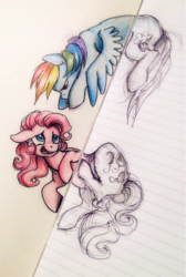 Size: 737x1100 | Tagged: safe, artist:buttersprinkle, pinkie pie, rainbow dash, g4, fourth wall, lined paper, stuck, traditional art