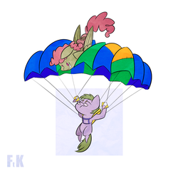 Size: 1280x1280 | Tagged: safe, artist:fluttershythekind, oc, oc only, oc:software patch, oc:windcatcher, falling, flying, parachute, riding, skydiving, windpatch