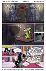 Size: 1280x1978 | Tagged: safe, artist:tan575, artist:wadusher0, princess celestia, oc, oc:greenvine, oc:moonshroud, alicorn, pony, unicorn, comic:the investigation, g4, 6 panel comic, cloak, clothes, comic, dialogue, prison, royal guard, table, throne room