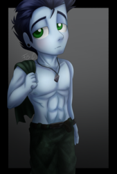 Size: 800x1184 | Tagged: safe, artist:fj-c, soarin', equestria girls, g4, abs, clothes, dog tags, equestria girls-ified, male, piercing, solo, topless