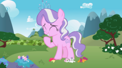 Size: 837x471 | Tagged: safe, artist:kingbilly97, apple bloom, diamond tiara, scootaloo, sweetie belle, earth pony, pegasus, pony, unicorn, g4, abuse, applebuse, cutie mark crusaders, eyes closed, giant earth pony, giant pony, giantess, laughing, macro, scootabuse, sweetiebuse