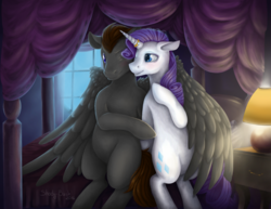 Size: 1479x1142 | Tagged: safe, artist:shady-bush, rarity, oc, oc:greywing, g4, bed, canon x oc, rariwing, ring, shipping, smiling