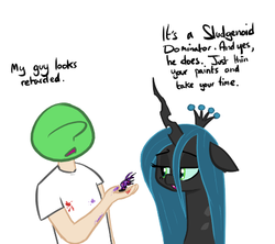 Size: 442x392 | Tagged: safe, artist:shoutingisfun, queen chrysalis, oc, oc:anon, changeling, changeling queen, human, g4, dialogue, dork, dorkalis, female, human male, hyperspace hyperwars, male, retarded, simple background, sludgenoids, thin your paints, white background